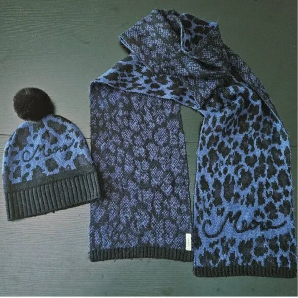 kate spade meow adriatic blue leopard hat beanie and scarf set like new